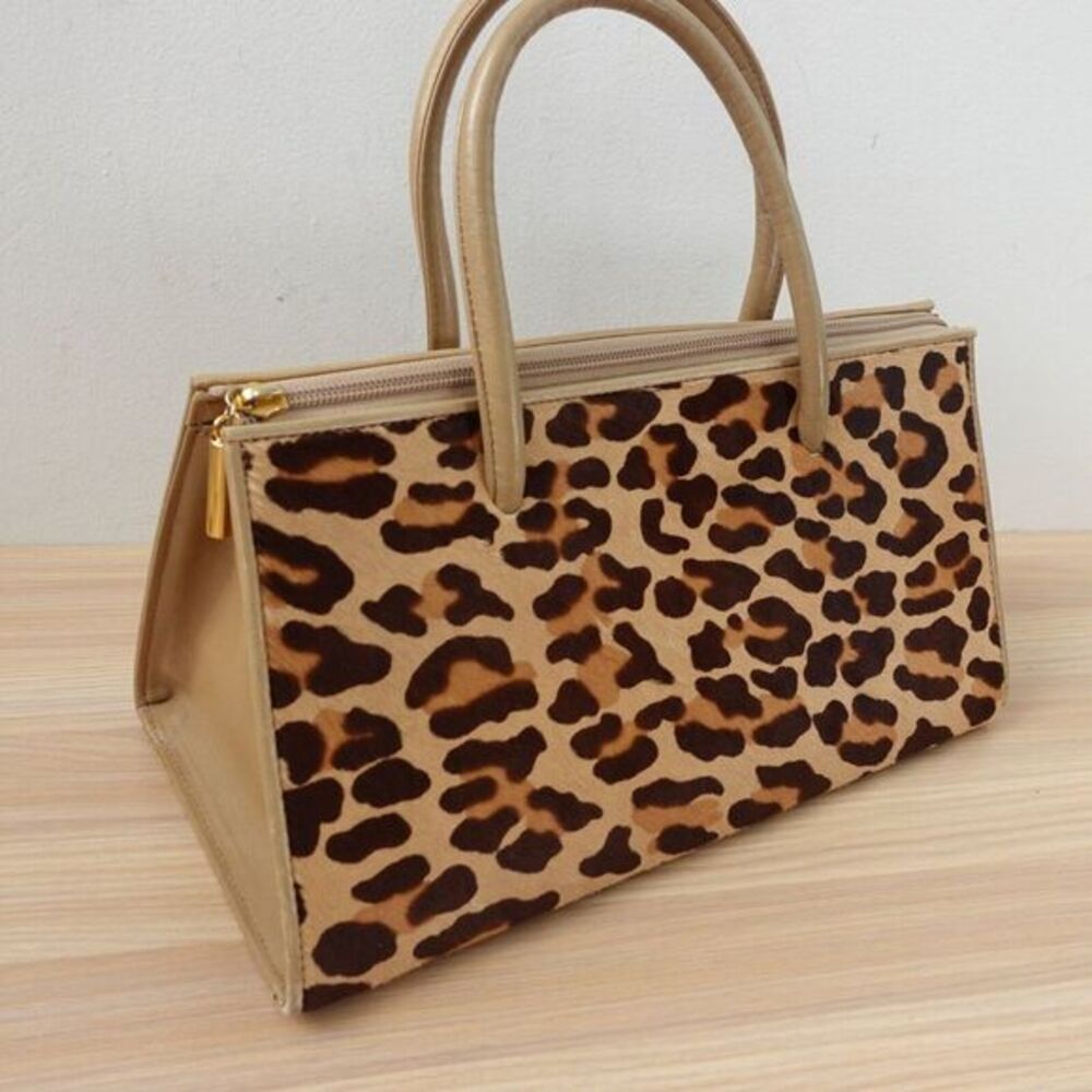 Vintage Y2K Leopard Top Handle Bag S Beige Leather Faux Fur Frame Purse Box MEDA